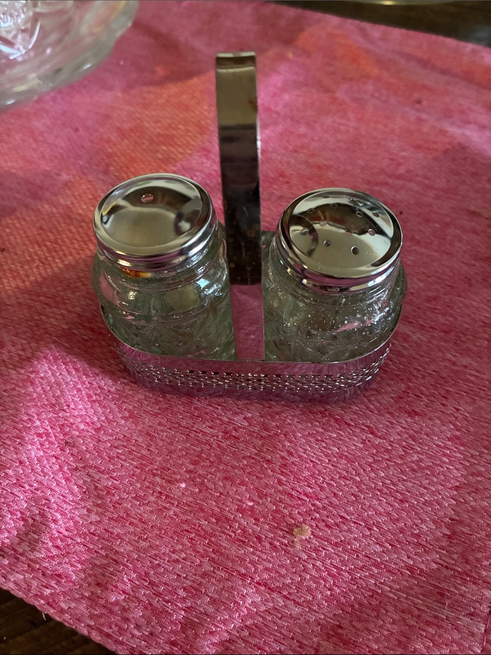 Glass Salt and Pepper Shaker Set with Chrome Holder - Pink